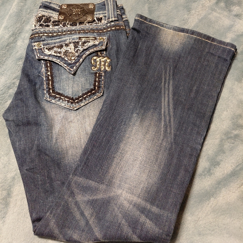 Size 28 Miss Me Women's Jeans Black & Clear Stones Embelished On Back Pockets